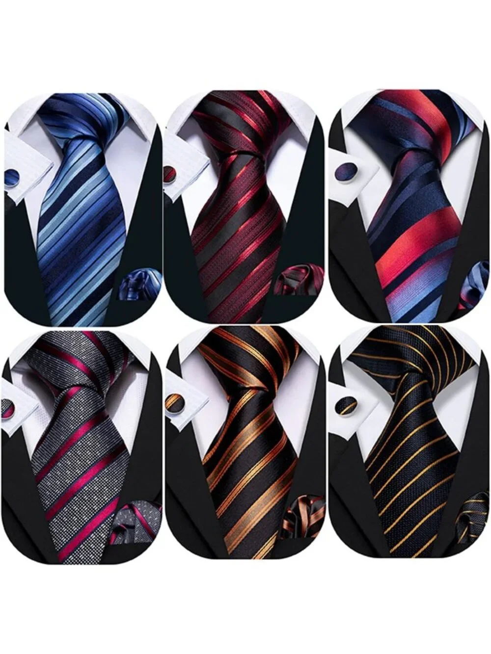 Elegant 6-Piece Men's Tie Set - Silk Neckties, Handkerchiefs & Cufflinks for